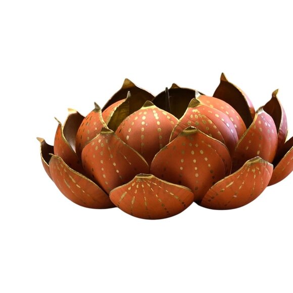 Metal Lotus Flower Candle Holder Handcrafted Orange - Picture 2 of 6